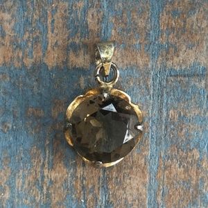 Antique Vintage Round Smoky Quartz Pendant 14k Gold Plated